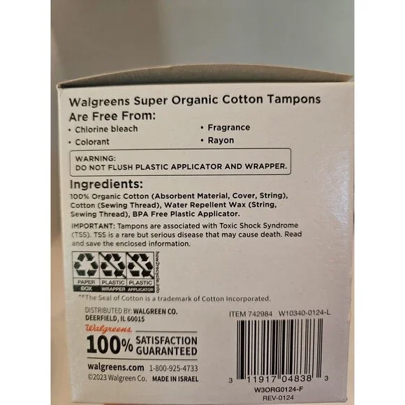 2 Walgreens 100% Organic Cotton Tampons UNSCENTED Super 16 Count Each 32 TOTAL - Picture 4 of 5